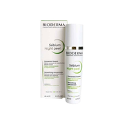 Bioderma Sébium Night Peel packaging and container, a white bottle with a silver cap next to its box, both featuring the brand's logo and product information.
