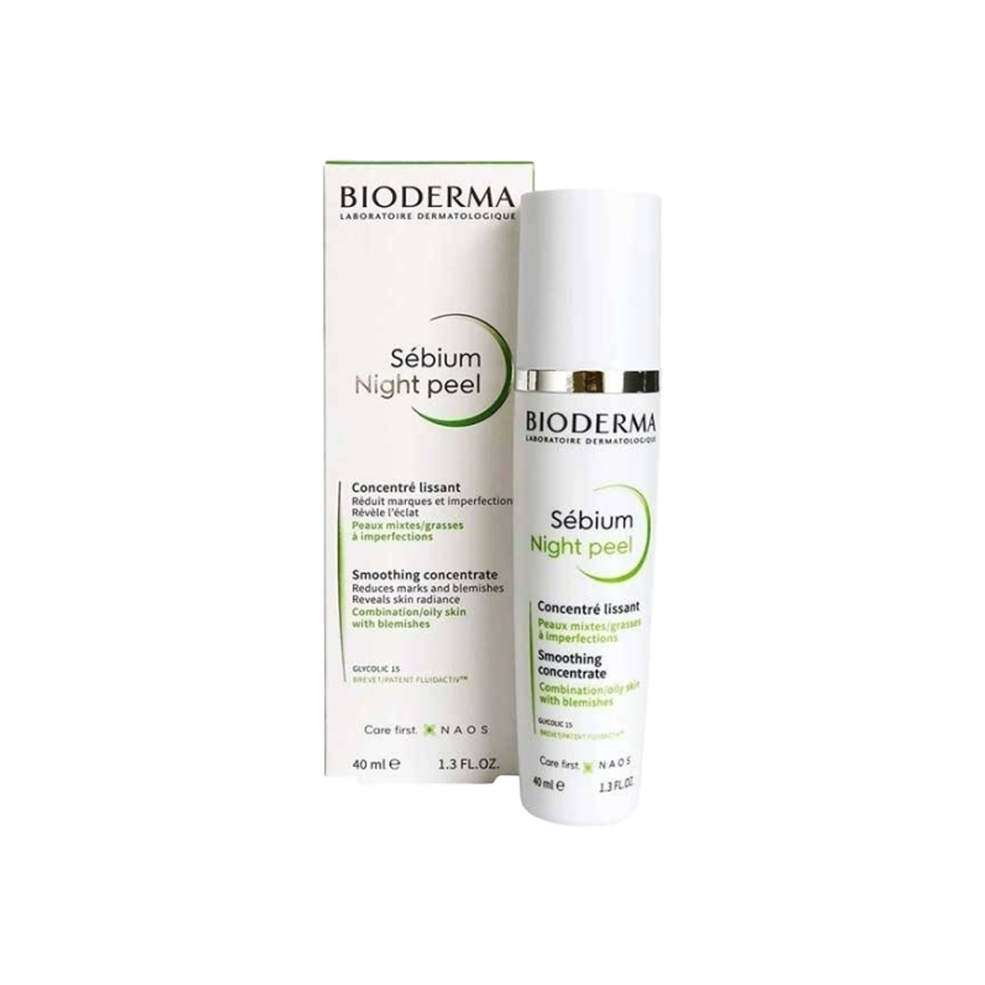 Bioderma Sébium Night Peel packaging and container, a white bottle with a silver cap next to its box, both featuring the brand's logo and product information.