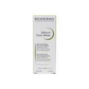A box of BIODERMA SEBIUM PORE REFINER, 30ML, with product information in French. The packaging is primarily white and green with text and branding.