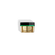 Cosmetic jar with green lid and gold body on a white background