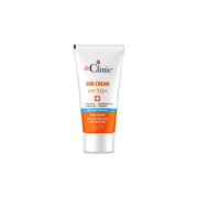 A tube of Dr. Clinic Sun Cream SPF 50+ with orange and white branding.