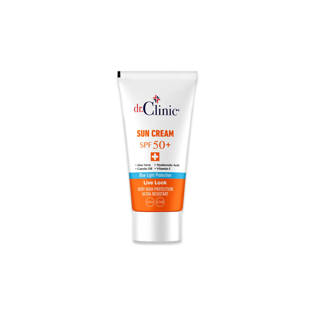 A tube of Dr. Clinic Sun Cream SPF 50+ with orange and white branding.