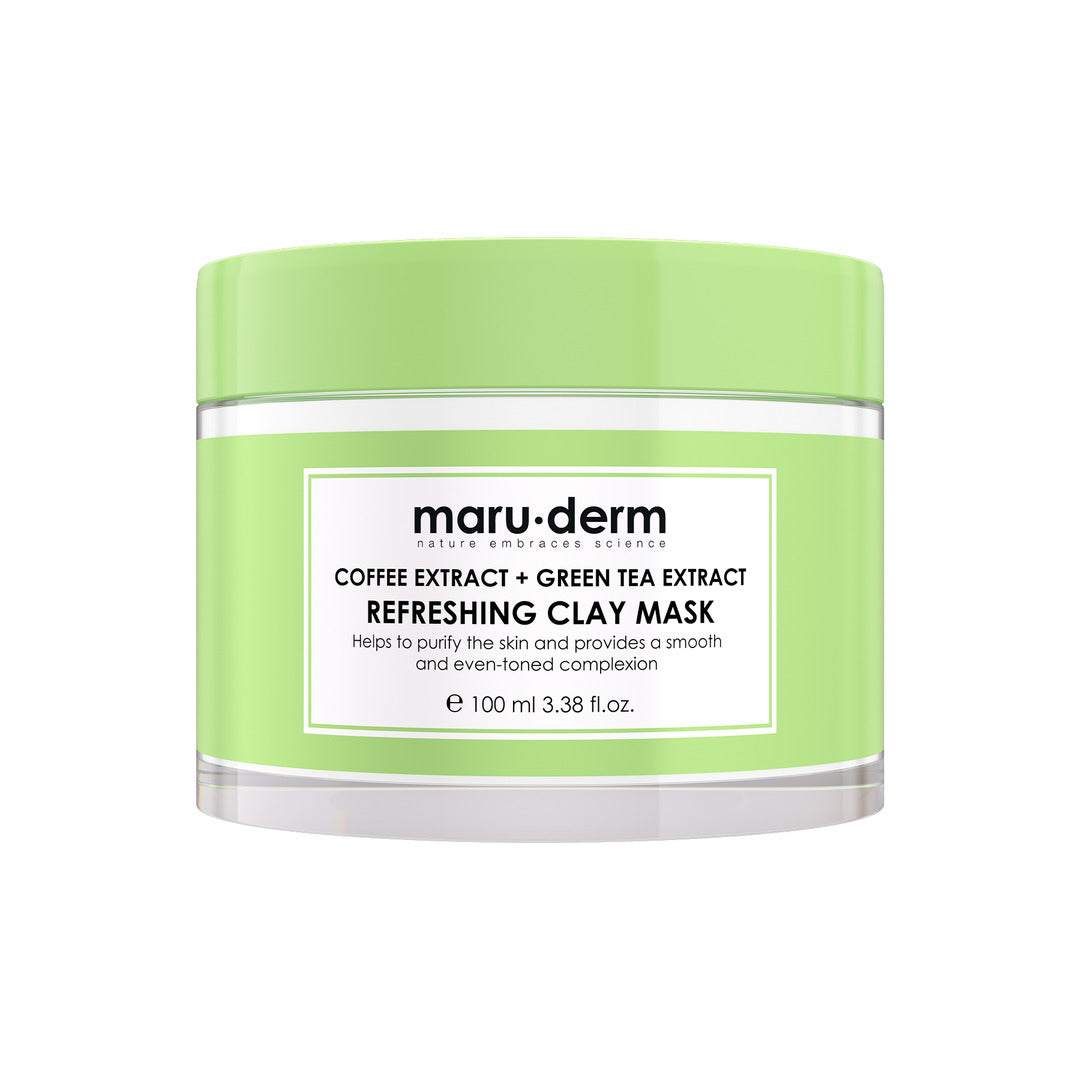 Green jar of maru-derm refreshing clay mask on a white background