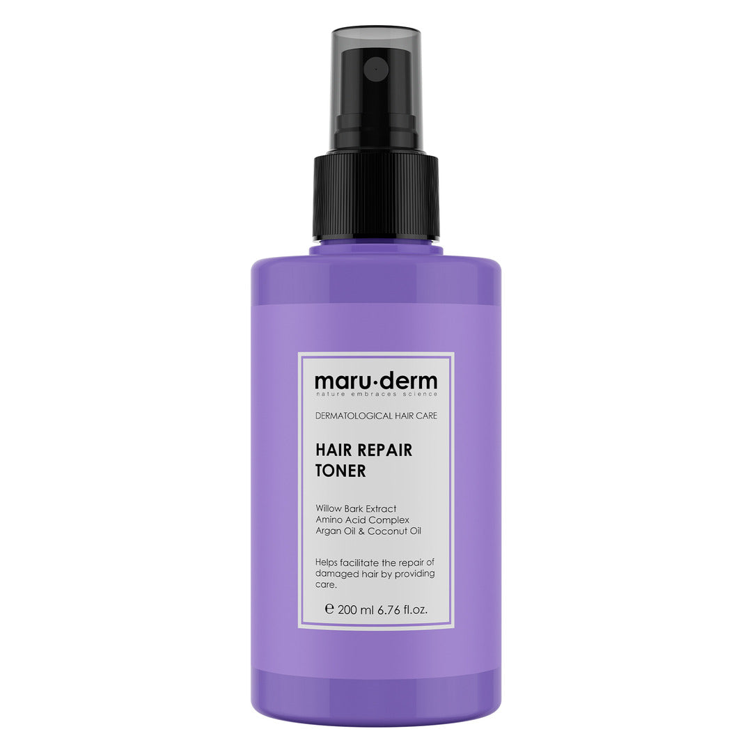 Purple bottle of maru-derm Hair Repair Toner on a white background