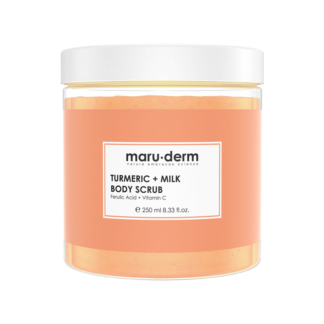 Jar of maru-derm Turmeric + Milk Body Scrub on a white background