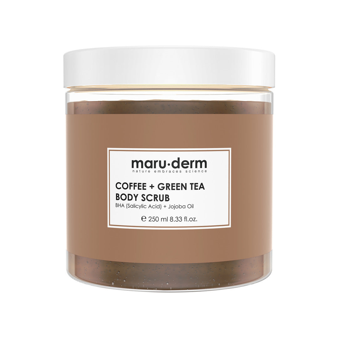 Jar of maru-derm Coffee + Green Tea Body Scrub on a white background