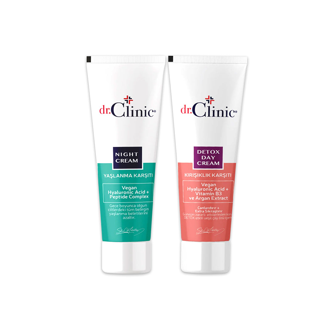 Two tubes of Dr. Clinic skin care products, one labeled for night cream and the other for detox day cream, with green and red color schemes respectively.
